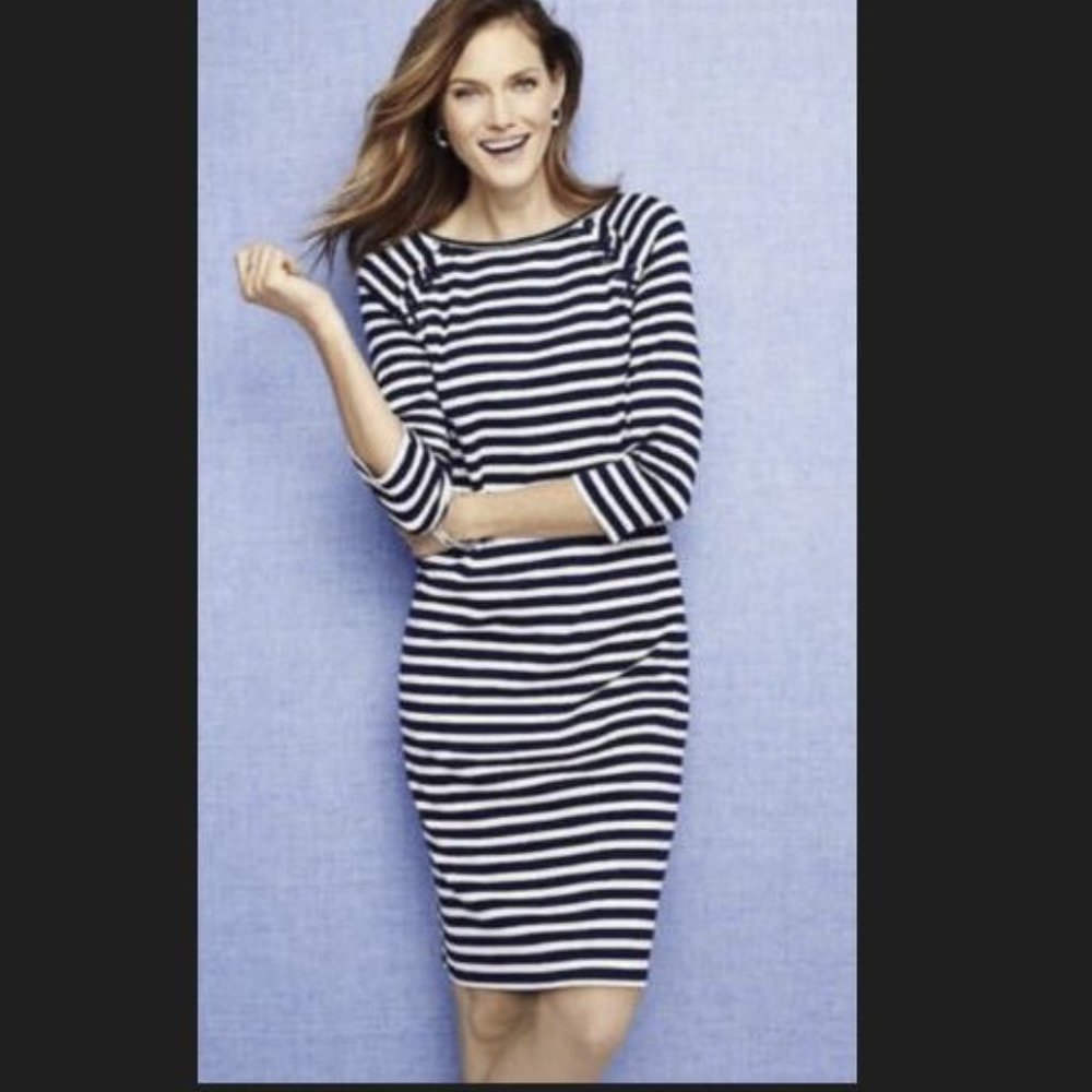 Talbots Striped Cotton Knit Knee Length Dress | Navy Blue White | Size Small